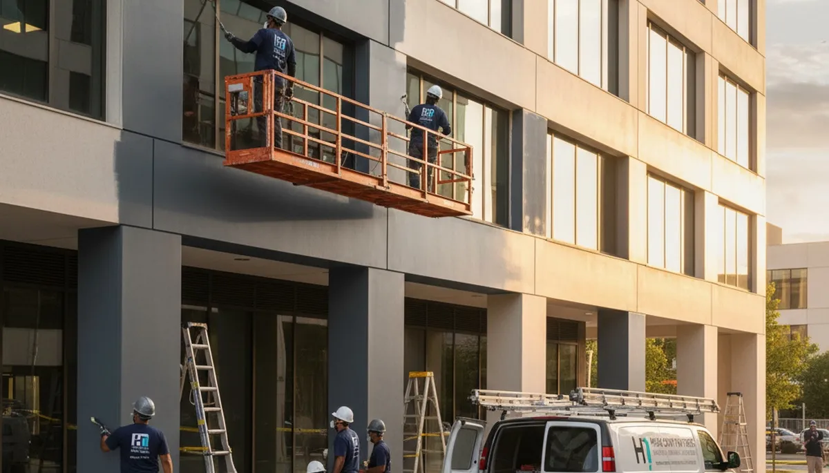 Professional commercial painters working on an office exterior in Billings, MT