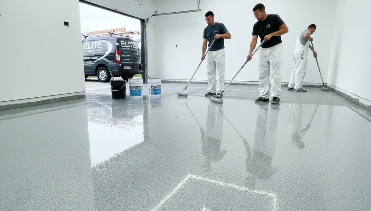 Epoxy floor coating in Billings MT garage by professional house painters creating durable, glossy finish